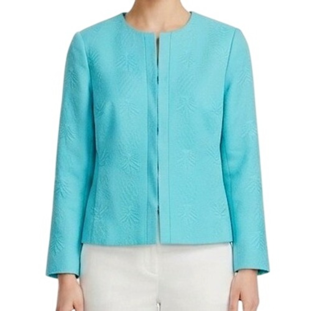 Talbots RSVP Jacket Women 8P Turquoise Pineapple Jacquard Open Front Blazer